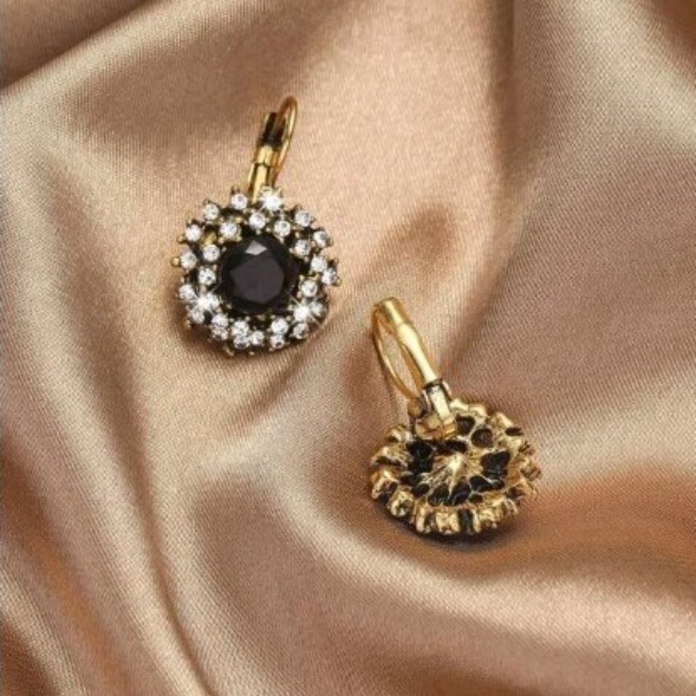 Boho Ethnic Jet Black Crystal Rhinestones Flower Drop Lever Back Earrings - NWT - Picture 10 of 12